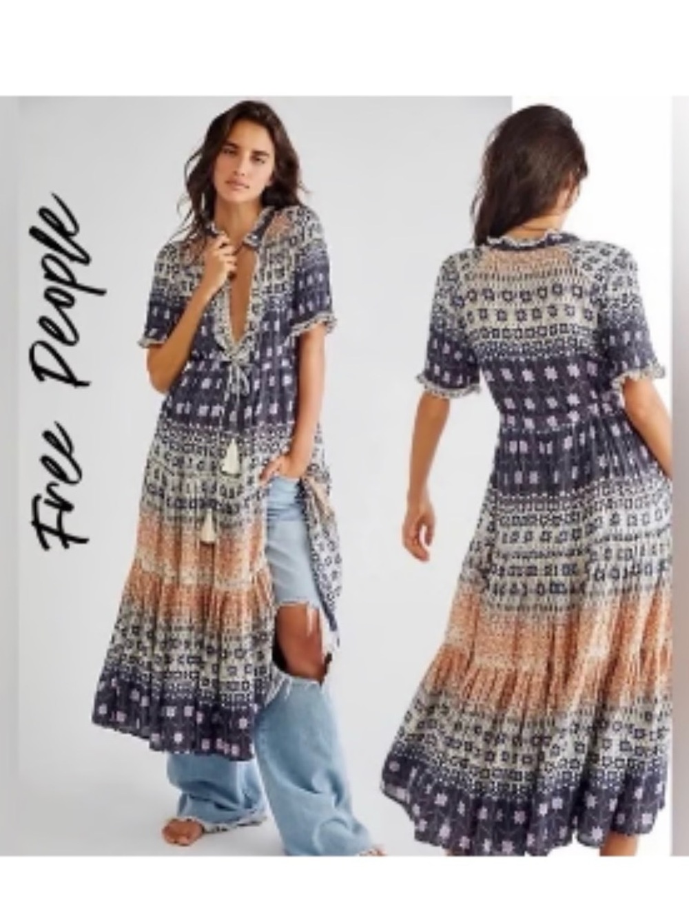 Free People Navy, Rust & Cream Printed Tiered Maxi Dress